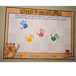 PAINEL VOLTA ÁS AULAS CARIMBO DAS MÃOS CAPIVARA PRIMEIRO DIA de aula