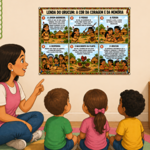 História no cartaz A LENDA DO URUCUM: A COR DA CORAGEM E DA MEMÓRIA (POVOS INDÍGENAS, POVOS ORIGINÁRIOS)